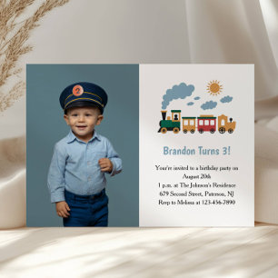 Cute Boy Train Photo Kids 3rd Birthday Party Invitation