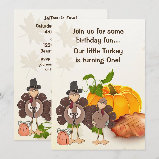 Cute Boy Turkey Thanksgiving 1st Birthday Invitation (Front/Back)
