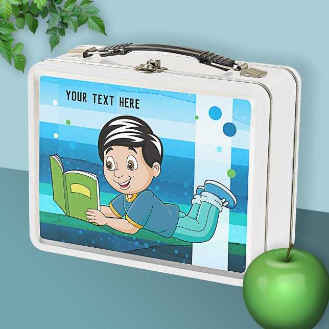 Cute Boy with Book Metal Lunch Box (Lunch box featuring a cute cartoon design with a boy reading a book.)