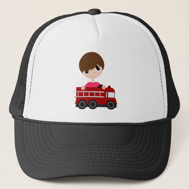 Cute, Boy with Fire Truck Trucker Hat (Front)