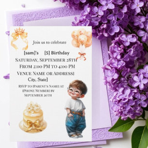 Cute Boy with Glasses 5th Birthday Party Invitatio Invitation