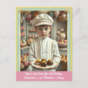 Cute boy with handmade gourmet sweets custom postcard