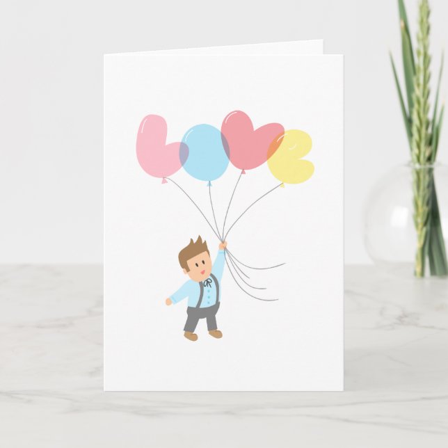 Cute Boy with Letter Balloons that Spell Love Holiday Card (Front)