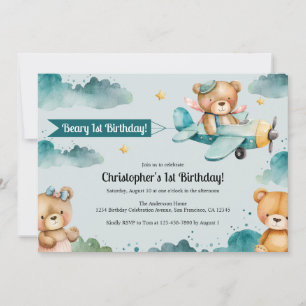 Cute Boy's Aeroplane 1st Birthday Party Invitation