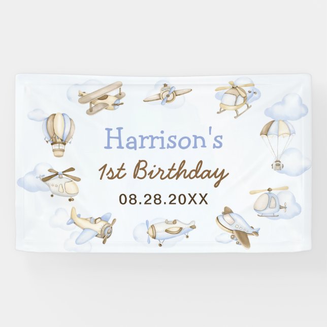 Cute Boy's Aeroplane Theme 1st Birthday Party Banner (Horizontal)