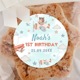 Cute Boy's Aeroplane Theme 1st Birthday Party Classic Round Sticker