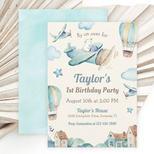 Cute Boy's Aeroplane Theme 1st Birthday Party Invitation
