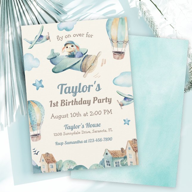 Cute Boy's Aeroplane Theme 1st Birthday Party Invitation (Creator Uploaded)