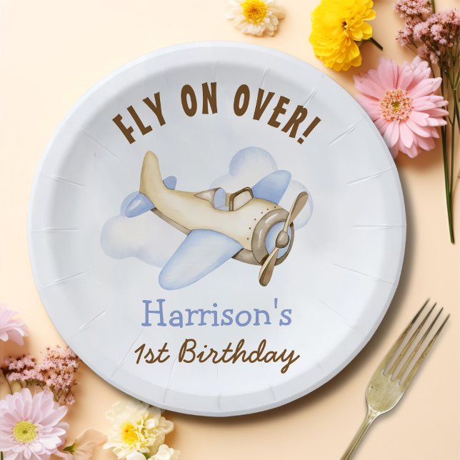 Cute Boy's Aeroplane Theme 1st Birthday Party Paper Plate (Creator Uploaded)