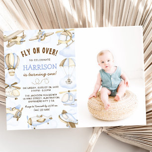 Cute Boy's Aeroplane Theme 1st Birthday Party Phot Invitation