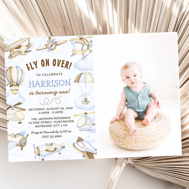 Cute Boy's Aeroplane Theme 1st Birthday Party Phot Invitation (Creator Uploaded)