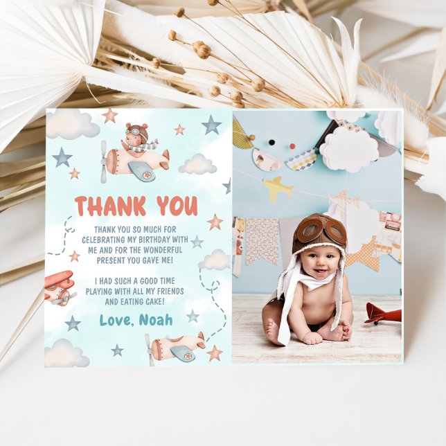 Cute Boy's Aeroplane Theme 1st Birthday Party Phot Thank You Card (Creator Uploaded)