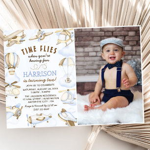 Cute Boy's Aeroplane Theme 2nd Birthday Party Phot Invitation
