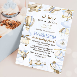 Cute Boy's Aeroplane Theme 4th Birthday Party Invitation