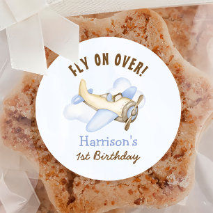 Cute Boy's Airplane Theme 1st Birthday Party Classic Round Sticker