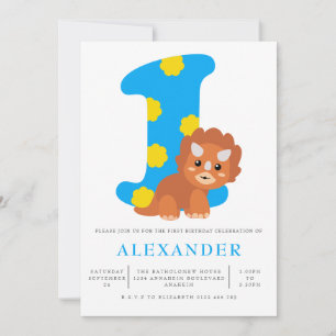 Cute Boys Blue Dinosaur 1st Birthday Party Invitation