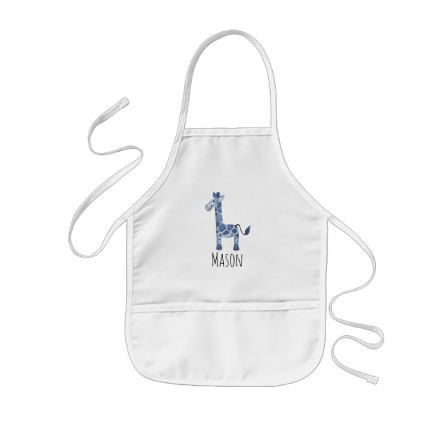 Cute Boy's Blue Watercolor Giraffe Safari and Name Kids Apron (Front)