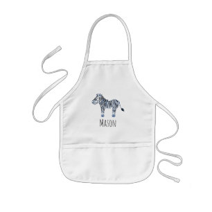 Cute Boy's Blue Watercolor Zebra Safari with Name Kids Apron