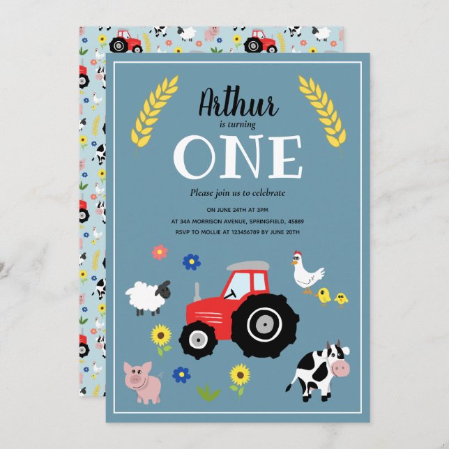 Cute Boys Farm Animals & Red Tractor 1st Birthday Invitation (Front/Back)
