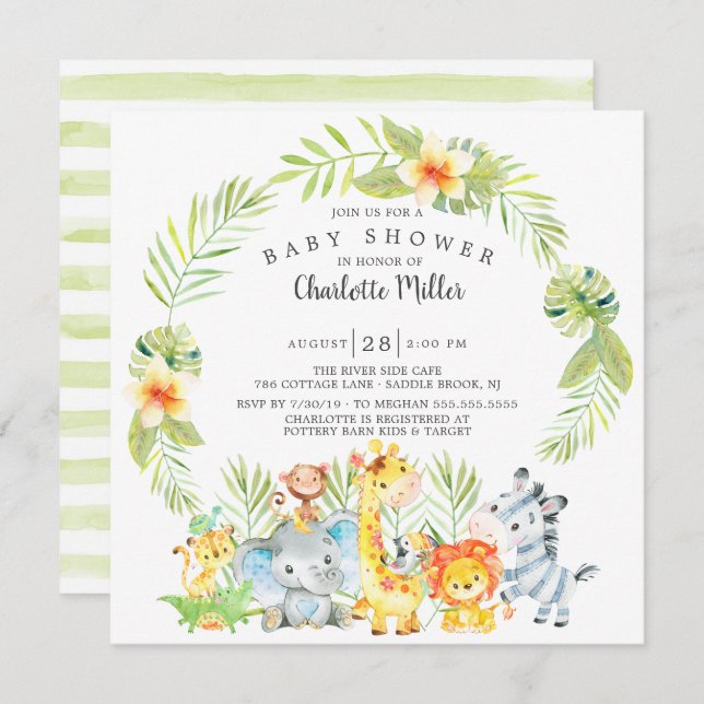 Cute Boys Jungle Animals Baby Shower Invitation (Front/Back)