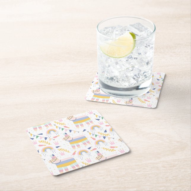 Cute Boy's Llama Rainbow Birthday Party  Square Paper Coaster (Insitu)