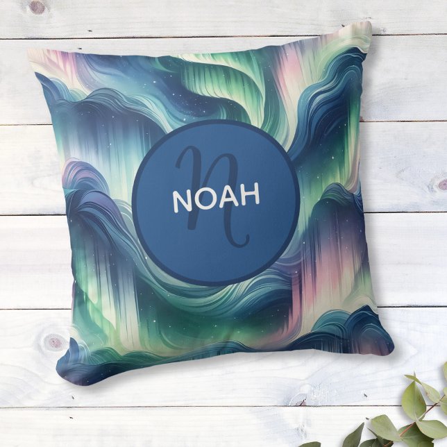 Cute Boys Nursery Kids Monogram Northern Lights Cushion (Personalized Aurora Borealis Pillow with Name - Custom Decor, Unique Gift, Northern Lights Design)