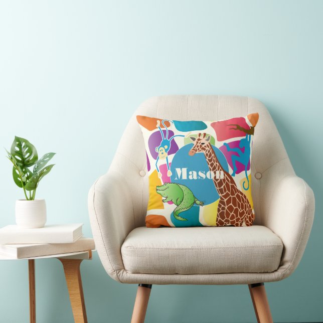 Cute Boy's Personalised Giraffe Monkey Alligator Cushion (Chair)
