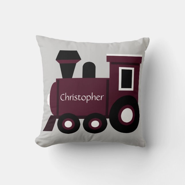 Cute Boy's Pillow, Maroon Train w/ Name Cushion (Front)