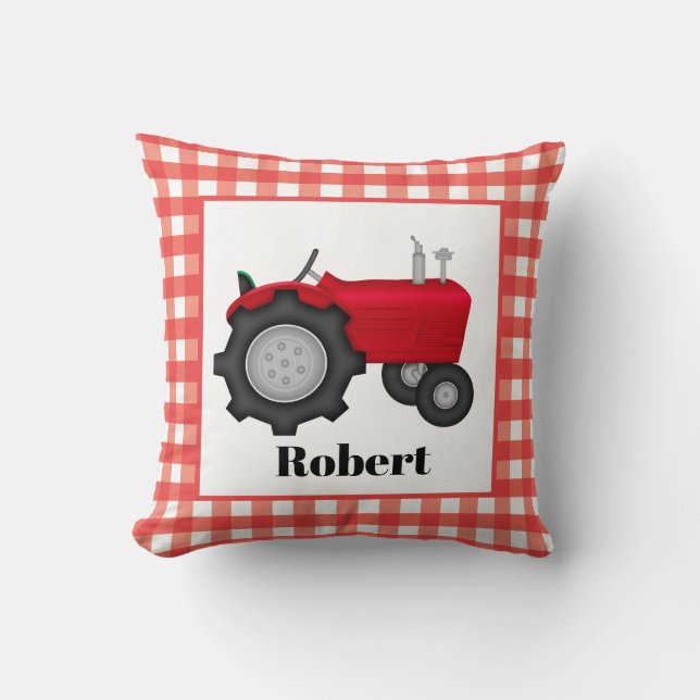 Cute boys room decor red tractor add name cushion (Front)