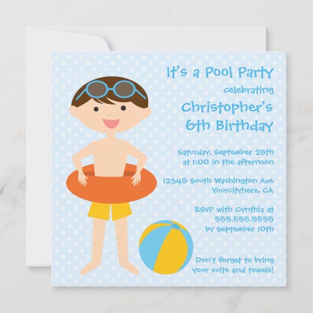 Cute boy's summer pool party birthday invitation (Front)