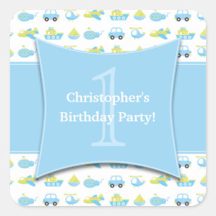 Cute boys travel time birthday party favour square sticker