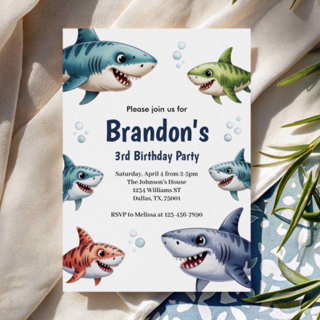 Cute Boys Watercolor Shark 3rd Birthday Party Invitation (Creator Uploaded)
