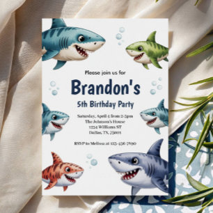 Cute Boys Watercolor Shark Birthday Party Invitation