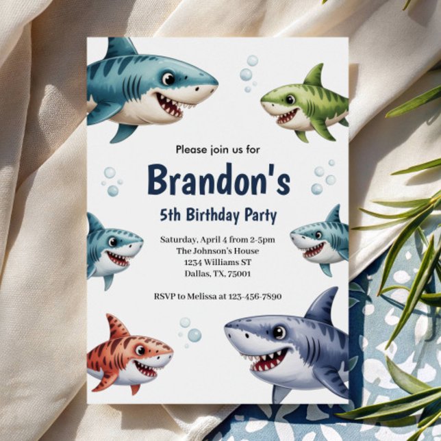 Cute Boys Watercolor Shark Birthday Party Invitation (Creator Uploaded)