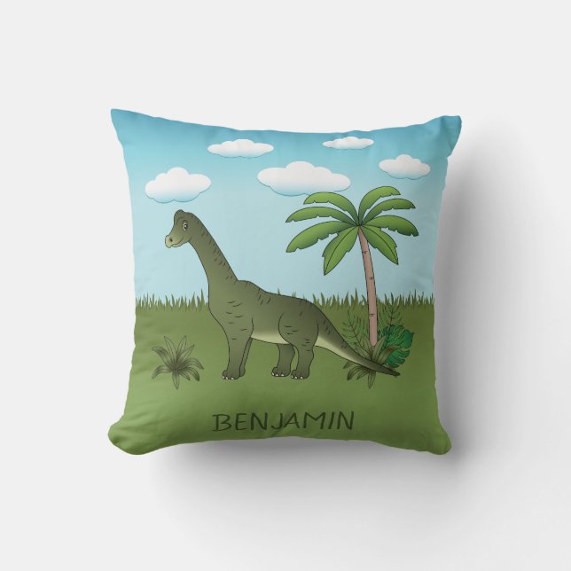 Cute Brachiosaurus Dinosaur Blue Sky Custom Name Cushion (Front)