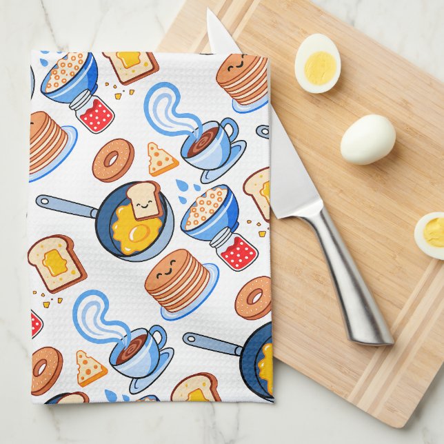 Cute Breakfast Pattern – Kawaii Food Seamless Tea Towel (Quarter Fold)