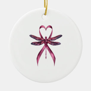 Cute Breast Cancer Heart Dragonflies Awareness Wom Ceramic Ornament