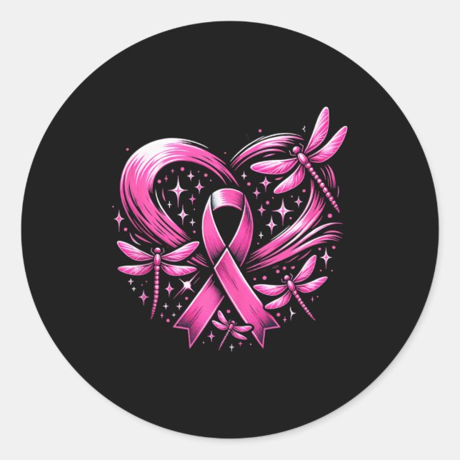 Cute Breast Cancer Heart Dragonflies Awareness Wom Classic Round Sticker (Front)