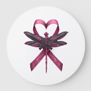 Cute Breast Cancer Heart Dragonflies Awareness Wom Large Clock