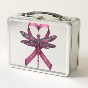 Cute Breast Cancer Heart Dragonflies Awareness Wom Metal Lunch Box