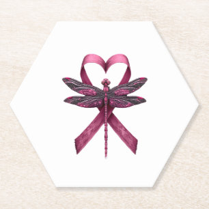 Cute Breast Cancer Heart Dragonflies Awareness Wom Paper Coaster