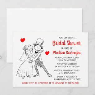 Cute Bridal Shower Cartoon Bride Groom Red Wedding Invitation