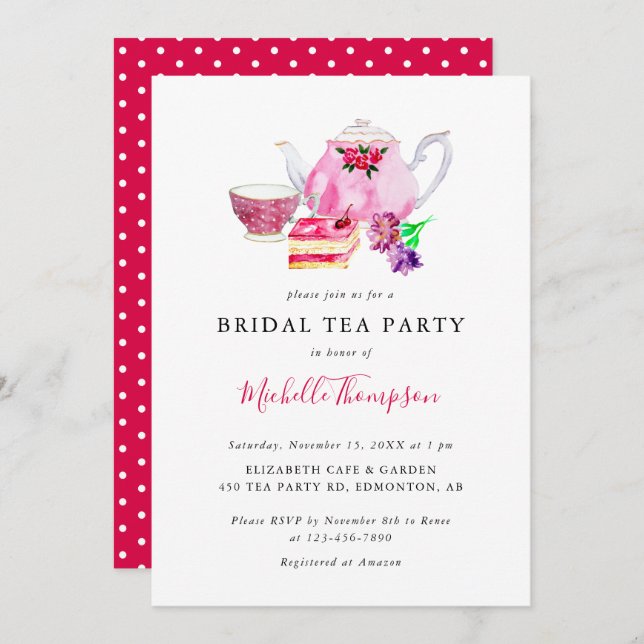 Cute Bridal Shower Tea Party Pink Teapot Script In Invitation (Front/Back)
