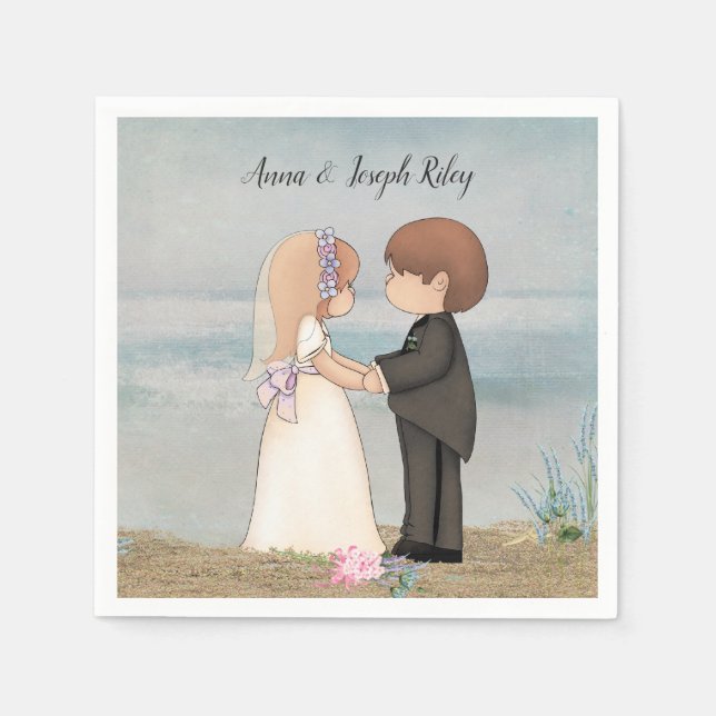 cute bride and groom on sand napkin (Front)