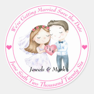 Cute Bride and Groom Save The Date Classic Round Sticker