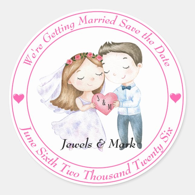 Cute Bride and Groom Save The Date  Classic Round Sticker (Front)