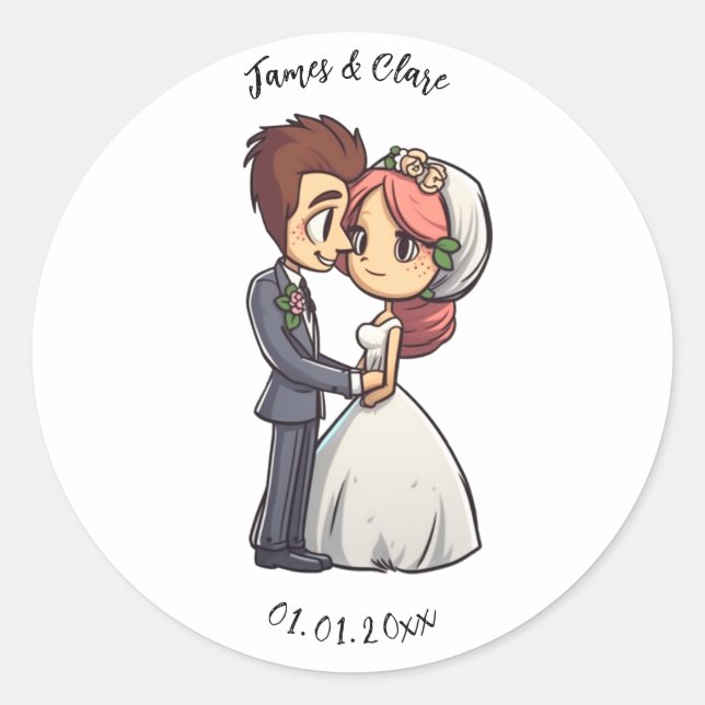  Cute Bride And Groom Wedding Classic Round Sticker (Front)