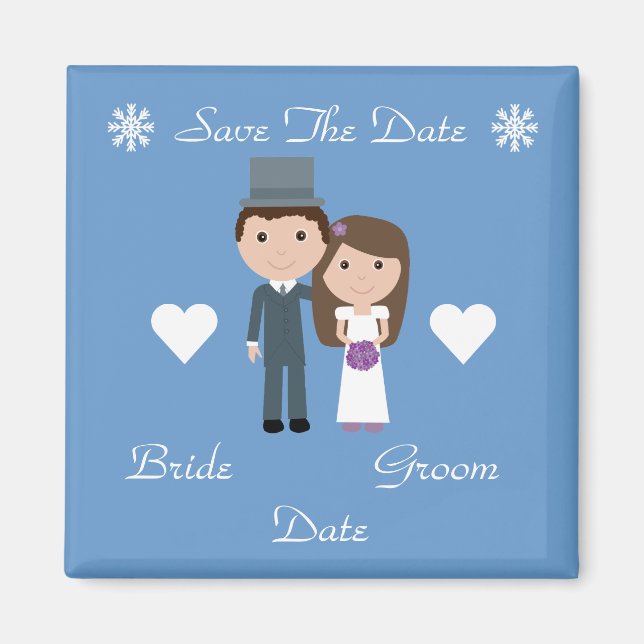 Cute Bride & Groom Blue Winter Save The Date Magnet (Front)