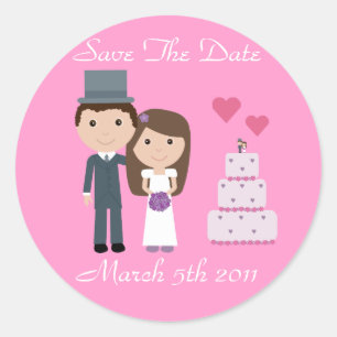 Cute Bride & Groom & Cake Pink Save The Date Classic Round Sticker
