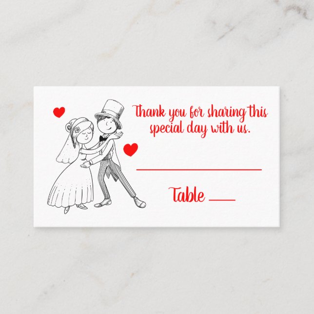 Cute Bride Groom Cartoon Red White Wedding Engaged Place Card (Front)